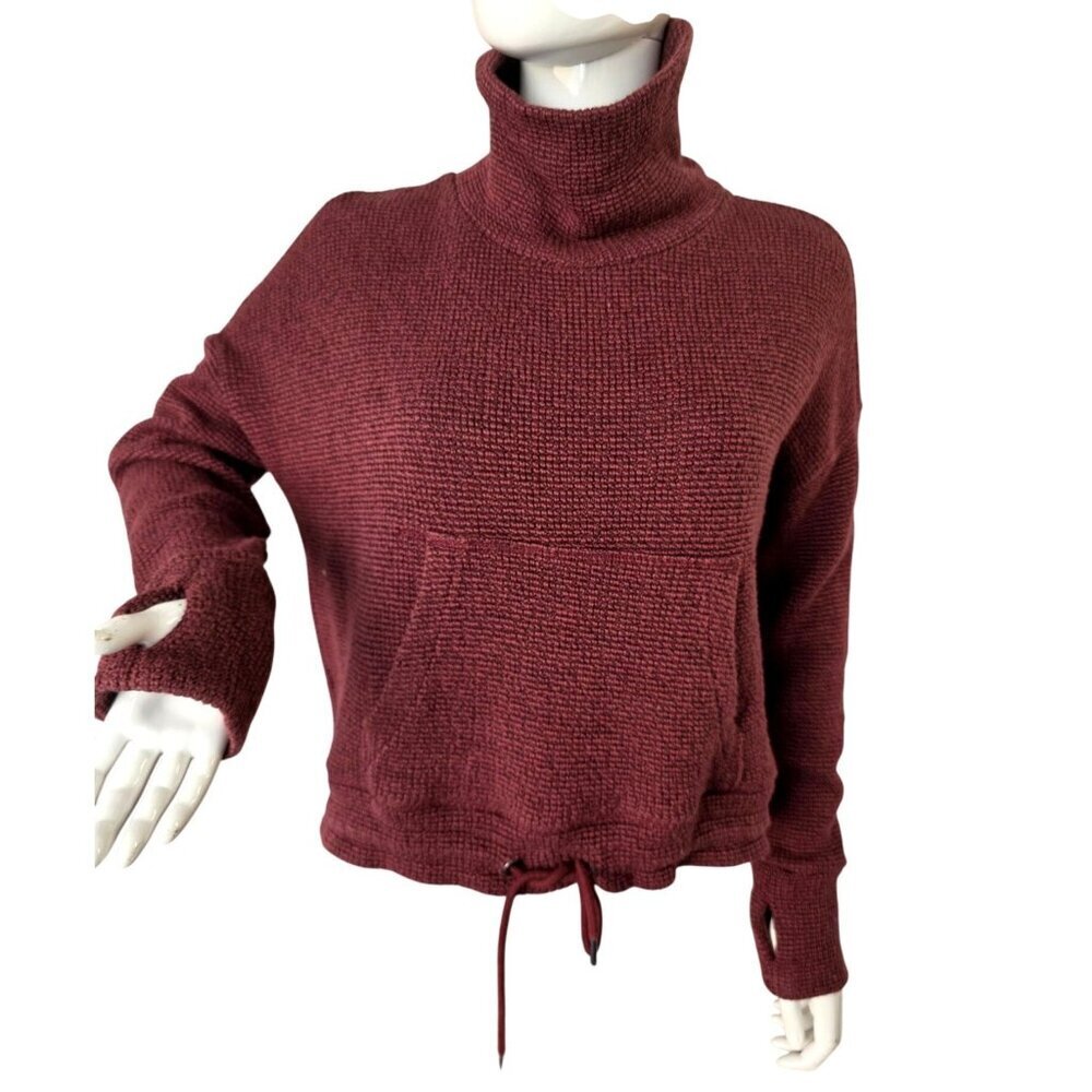 Sweaty Betty Waffle Knit Crop Sweatshirt Sz 6 Pullover Burgundy Drawstring Hem